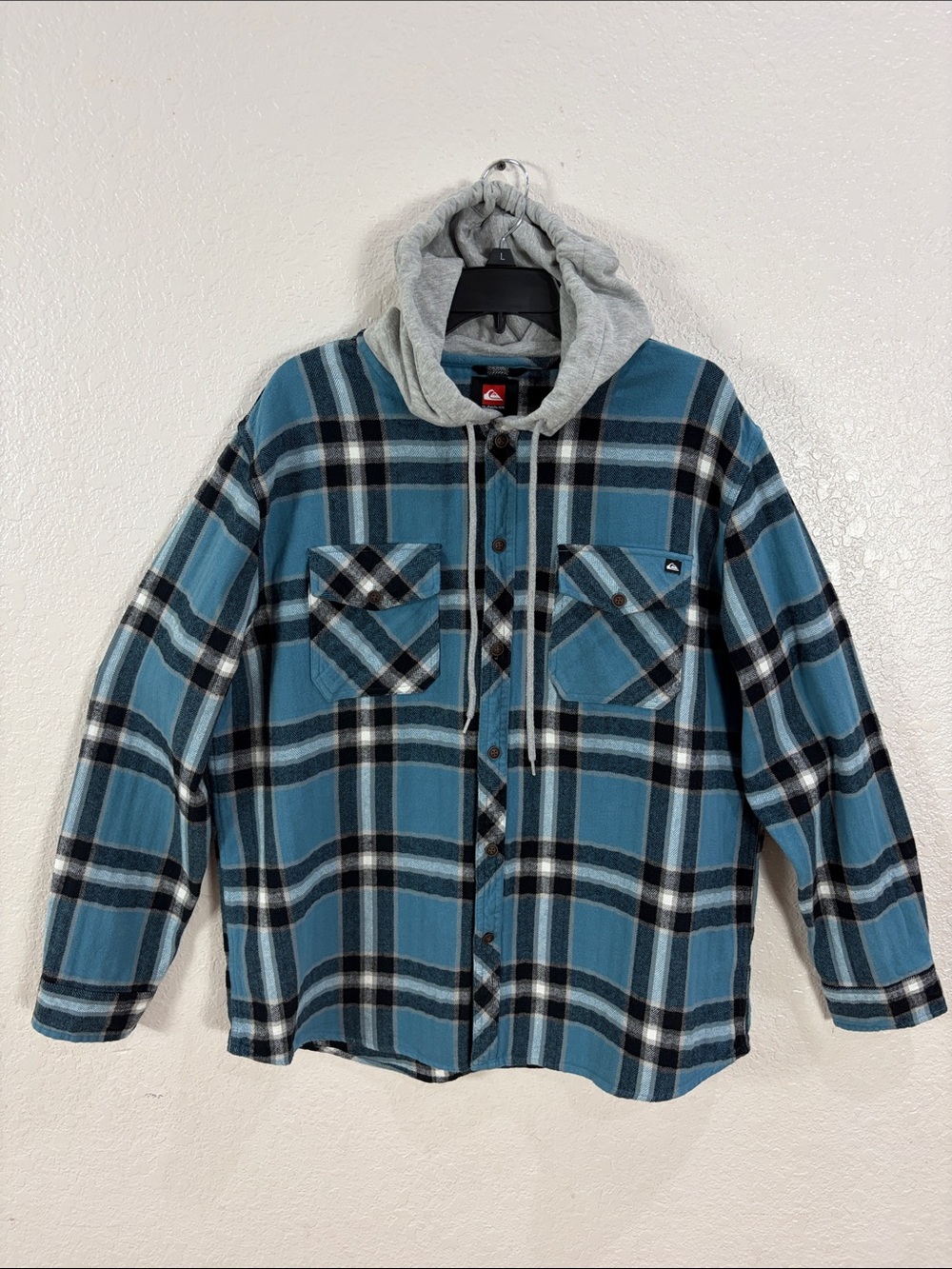 Quiksilver ,Size XL,Teal and Gray Plaid Hooded Flannel Shirt